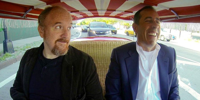 This image released by Crackle shows comedians Louis C.K., left, and Jerry Seinfeld in a scene from Seinfeld's new web series talk show "Comedians in Cars Getting Coffee." The series launched on the Crackle digital network in 2012, and its third season cranks up Thursday, Jan. 2, with Seinfeld joining Louis C.K. for a cup of joe after a zany ride on a clown-car-scale 1959 Fiat Jolly. (AP Photo/Crackle)