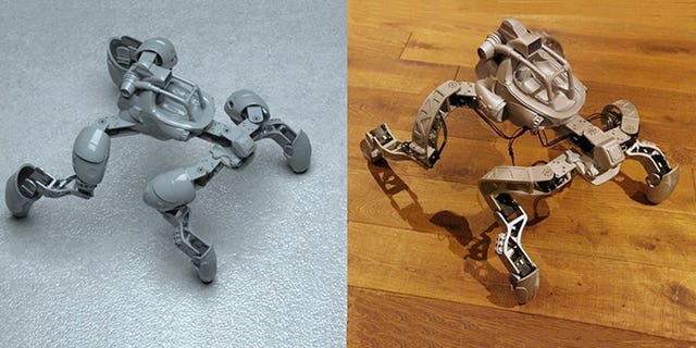 Digital designs for robotic creatures are shown on the left and the physical prototypes produced via 3-D printing are on the right. (Carnegie Mellon University)