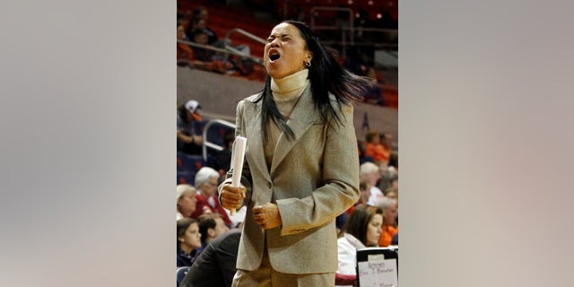 South Carolina's coach Dawn Staley reacts to a turnover during the second half of an NCAA college basketball game against Auburn, Sunday, Jan. 12, 2014, in Auburn, Ala. South Carolina defeated Auburn 72-66. (AP Photo/Butch Dill)