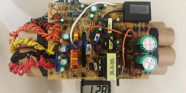 This April 2017 photo provided by U.S. Customs and Border Protection shows a mock improvised explosive device that led to delays at Toronto's Pearson International Airport when it was found in a passenger's luggage. American Joseph Galaska was charged with mischief. (U.S. Customs and Border Protection Patrol via AP)