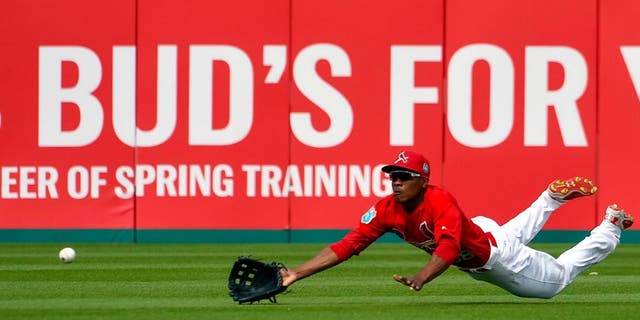 Mar 21, 2016; Jupiter, FL, USA; St. Louis Cardinals center fielder Magneuris Sierra (98) makes a diving attempt against the Boston Red Sox during the game at Roger Dean Stadium. The Red Sox defeated the Cardinals 4-3. Mandatory Credit: Scott Rovak-USA TODAY Sports