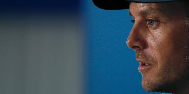 Henrik Stenson of Sweden talks during a press conference ahead of the British Open Golf championship at the Royal Liverpool golf club, Hoylake, England, Wednesday July 16, 2014. The British Open Golf championship starts Thursday July 17. (AP Photo/Alastair Grant)
