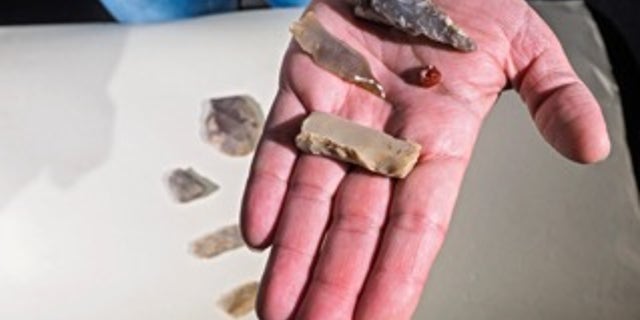 Polished flint axe and blades, and a gemstone bead.