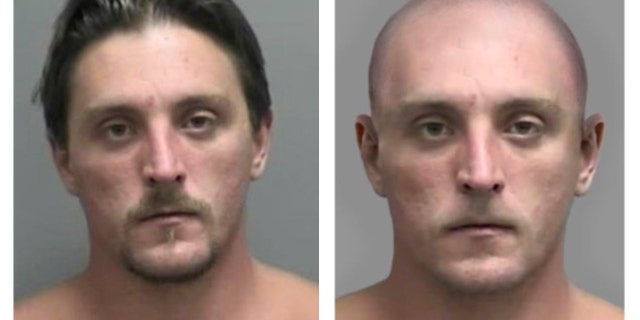This combo made Tuesday, April 11, 2017, from images provided by the FBI shows Joseph Jakubowski's mug shot at left and an altered image the FBI made to show Jakubowski with his head and facial hair shaved off. Authorities released the modified mug shot of Jakubowski, because the FBI believes he may have altered his appearance. More than 150 state and federal law enforcement officers have been searching for Jakubowski since April 4, when they believe he took 18 firearms from a gun store in Janesville in southwestern Wisconsin. (FBI via AP)