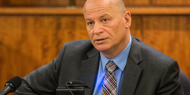 Mark Briggs, New England Patriots' director of security, testifies during former New England Patriots football player Aaron Hernandez's murder trial, Tuesday, March 31, 2015, at Bristol County Superior Court in Fall River, Mass. Hernandez is accused of killing Odin Lloyd in June 2013. (AP Photo/The Boston Globe, Aram Boghosian, Pool)