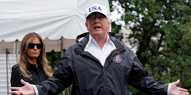 President Trump talks to reporters Thursday as he leaves the White House to asses damage from Hurricane Irma in Florida