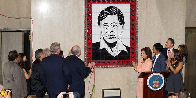 26 March 2012 - Washington, DC - Secretary of Labor Hilda L. Solis hosted the Induction of the Farm Worker Movement into the Labor Hall of Honor in the Great Hall and then proceeded to name and unveil the Cesar E. Chavez Memorial Auditorium. Family members from the Chavez family were on hand as well as Secretary of the Interior Ken Salazar and Secretary of Agriculture Tom Vilsack.