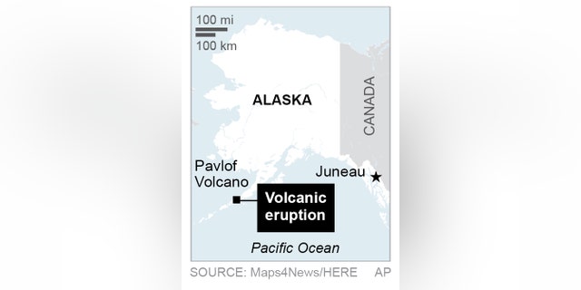 Map locates Pavlof Volcano in Alaska; 1c x 2 1/2 inches; 46.5 mm x 63 mm;