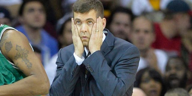 Apr 21, 2015; Cleveland, OH, USA; Boston Celtics head coach Brad Stevens reacts in the fourth quarter against the Cleveland Cavaliers in game two of the first round of the NBA Playoffs at Quicken Loans Arena. Mandatory Credit: David Richard-USA TODAY Sports