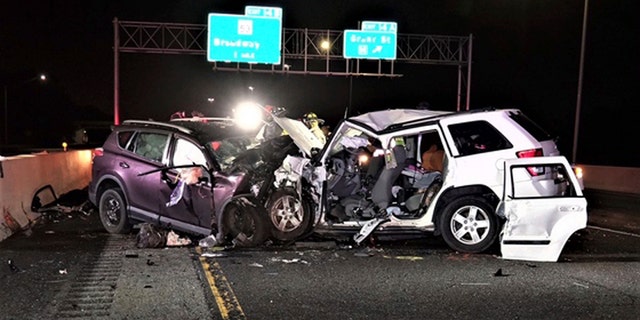 This photo provided by the Indiana State Police shows the scene of a crash on Interstate 90, early Saturday, Sept. 1, 2018 in Gary, Ind.