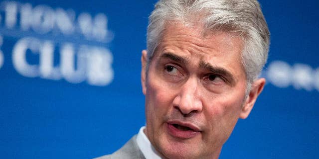 FILE - In this May 15, 2015, file photo, United Airlines Chairman, President and Chief Executive Officer Jeff Smisek, speaks during a panel discussion on unfair international competition at the National Press Club in Washington. United Airlines said Tuesday, Sept. 8, 2015, that Smisek has stepped down as CEO, chairman and president effective immediately and has named Oscar Munoz as president and chief executive officer. (AP Photo/Manuel Balce Ceneta, File)