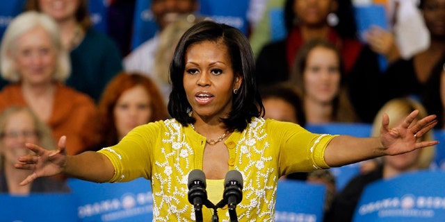 FILE: Oct. 15, 2012: First lady Michelle Obama at a campaign rally at Cuyahoga Community College in Cleveland, Ohio.