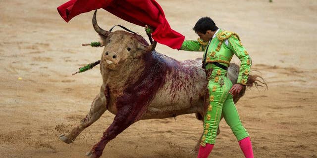 Spanish bullfighter Jimenez Forte performs with a Fuente Ymbro ranch fighting bull during a bullfight of the San Fermin festival in Pamplona, Spain, Saturday, July 12, 2014. Revelers from around the world arrive to Pamplona every year to take part in some of the eight days of the running of the bulls. (AP Photo/Andres Kudacki)