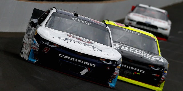 The distinctive aerodynamics kit to be used by the NASCAR Cup cars at Charlotte can be seen on these Xfinity series cars competing at Indianapolis Motor Speedway last year.