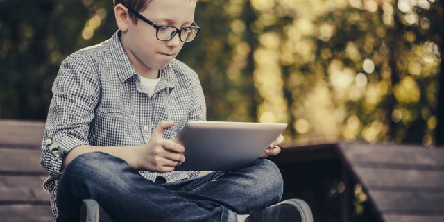 A boy is shown using a digital tablet as he sits outside in the park. One expert believes that "children will spend time online, regardless of their age."