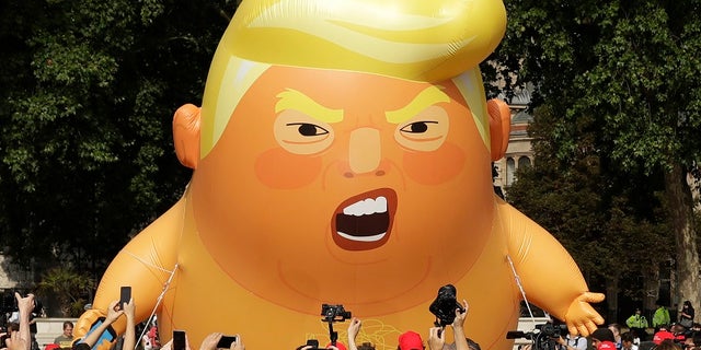 The "Baby Trump" balloon, pictured here in London, reappeared in Scotland on Saturday.