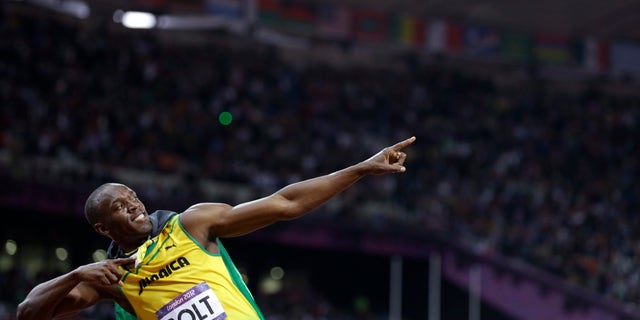 Aug. 5, 2012: Jamaica's Usain Bolt reacts to his win in the men's 100-meter final during the athletics in the Olympic Stadium at the 2012 Summer Olympics, London.