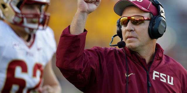 Florida State head coach Jimbo Fisher pumps his fist after his team scored a touchdown during the second half of an NCAA college football game against Boston College in Boston, Mass., Saturday, Sept. 28, 2013. Florida State defeated Boston College 48-34. (AP Photo/Stephan Savoia)