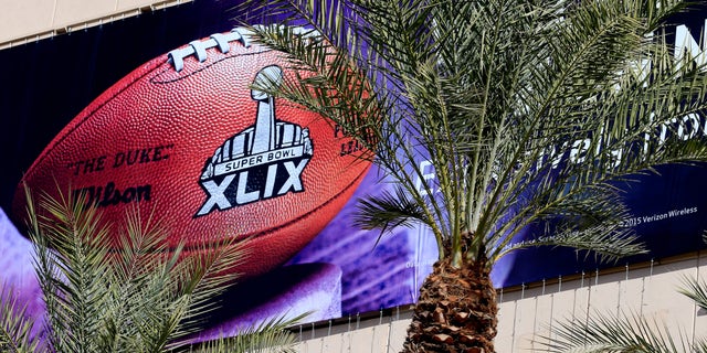 PHOENIX, AZ - JANUARY 28: A detailed view of a logo for the upcoming Super Bowl XLIX between the Seattle Seahawks and New England Patriots in an NFL fan on January 28, 2015 in Phoenix, Arizona. (Photo by Rob Carr/Getty Images)
