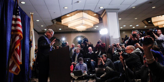Sen. Menendez arrives to speak at a press conference on April 1, 2015 in Newark, New Jersey.