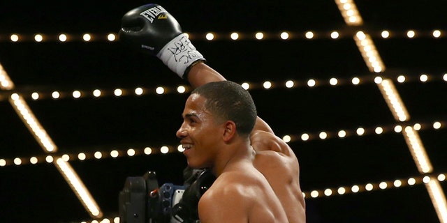 NEW YORK, NY - JANUARY 25:  Felix Verdejo celebrates his knockout of Lauro Alcantar in the first round at Madison Square Garden on January 25, 2014 in New York City.  (Photo by Elsa/Getty Images)