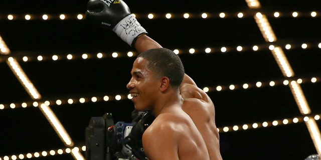 NEW YORK, NY - JANUARY 25: Felix Verdejo celebrates his knockout of Lauro Alcantar in the first round at Madison Square Garden on January 25, 2014 in New York City. (Photo by Elsa/Getty Images)