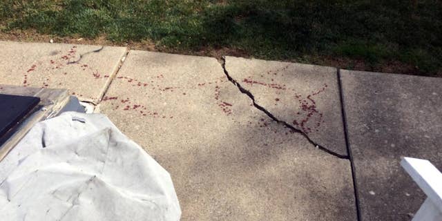 In this Sunday, July 3, 2016 photo, drops of blood are seen near a basement door, left, in Northampton, Pa. Officials in eastern Pennsylvania said a man who said he was attacked by masked men during a home invasion cut off the hand of one of them with a machete. (Pamela Lehman/The Morning Call via AP)