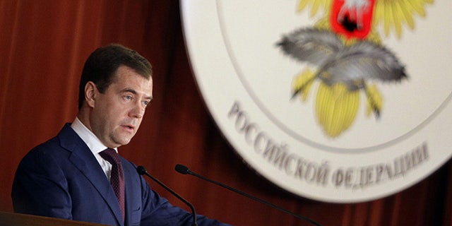 July 12: Russian President Dmitry Medvedev speaks in the Russian Foreign Ministry headquarters in Moscow.