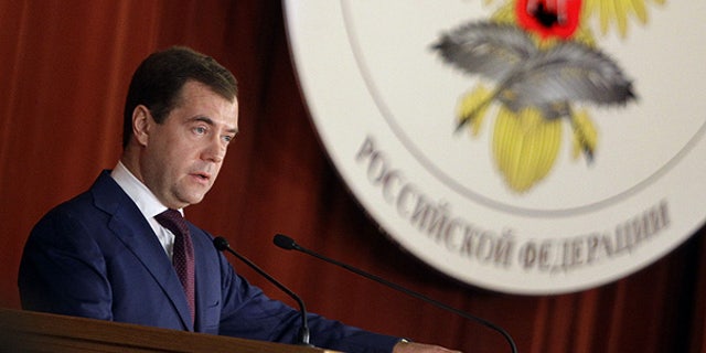 July 12: Russian President Dmitry Medvedev speaks in the Russian Foreign Ministry headquarters in Moscow.