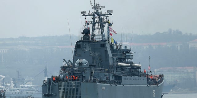 A Russian warship is viewed in Sevastopol harbor on March 7, 2014 in Sevastopol, Ukraine.
