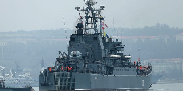 A Russian warship is viewed in Sevastopol harbor on March 7, 2014 in Sevastopol, Ukraine.