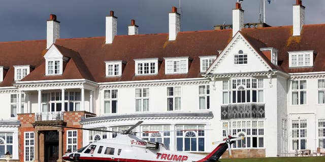 A helicopter owned by Donald Trump departs from the Turnberry golf course in Scotland in July 2015. (AP Photo/Scott Heppell)