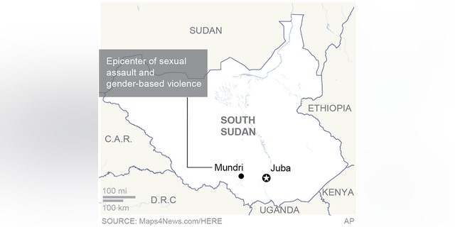 Map locates Mundri, South Sudan, the epicenter of a spike in sexual assaults in the country; 2c x 2 3/4 inches; 96.3 mm x 69 mm;