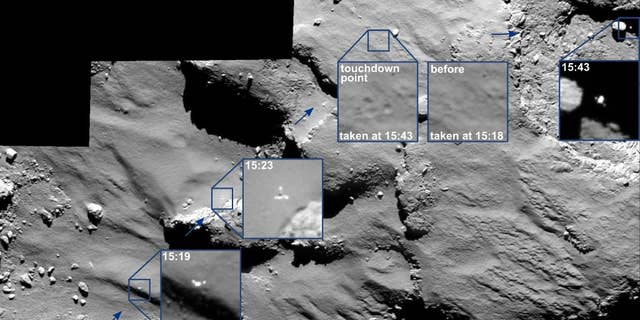 The combination image of several partially enlarged photographs released by the European Space Agency, ESA, Monday, Nov. 17, 2014 shows the journey of Rosetta’s Philae lander as it approached and then rebounded from its first touchdown on Comet 67P/Churyumov–Gerasimenko on Nov. 12,  2014. The series of images was captured by Rosetta’s OSIRIS camera from a distance of 15.5km (9.6 miles) from the comet surface over a 30 minute period spanning the first touchdown. The time of each of image has marked been marked by source on the corresponding insets and is in GMT. A comparison of the touchdown area shortly before and after first contact with the surface is also provided. From left to right, the images show Philae descending towards and across the comet before touchdown.  (AP Photo/European Space Agency)