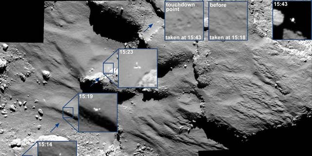 The combination image of several partially enlarged photographs released by the European Space Agency, ESA, Monday, Nov. 17, 2014 shows the journey of Rosetta’s Philae lander as it approached and then rebounded from its first touchdown on Comet 67P/Churyumov–Gerasimenko on Nov. 12, 2014. The series of images was captured by Rosetta’s OSIRIS camera from a distance of 15.5km (9.6 miles) from the comet surface over a 30 minute period spanning the first touchdown. The time of each of image has marked been marked by source on the corresponding insets and is in GMT. A comparison of the touchdown area shortly before and after first contact with the surface is also provided. From left to right, the images show Philae descending towards and across the comet before touchdown. (AP Photo/European Space Agency)