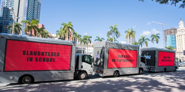 Civic group Avaaz had three movie-inspired mobile billboards in Miami calling for gun reform.