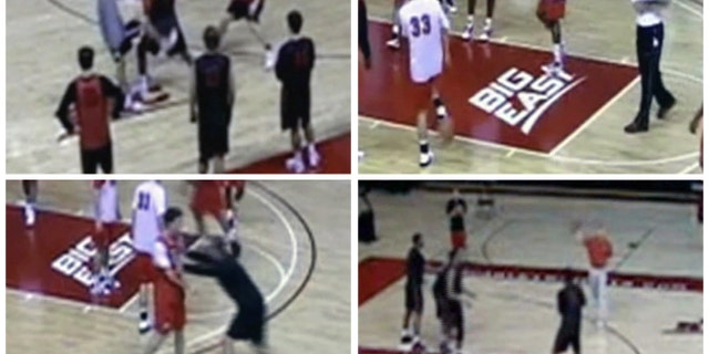 In this four-image combo taken from an ESPN video, Rutgers men's basketball coach Mike Rice kicks, shoves, and throws balls at his players during NCAA college basketball practices in Piscataway, N.J. Fueled by outrage from even the governor when the video went public, Rutgers fired Rice on Wednesday, April 3, 2013, after deciding it didn't go far enough by suspending and fining him for shoving, kicking and throwing balls at players along with spewing gay slurs. (AP Photo/ESPN)