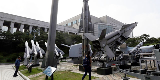 May 20, 2013: In this file photo, a mock Scud-B missile of North Korea, left, and other South Korean missiles are displayed at the Korea War Memorial Museum in Seoul, South Korea.
