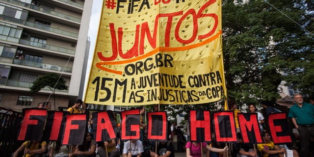 Demonstrators held a protest against the World Cup FIFA soccer on Thursday, May 15, 2014 in Sao Paulo, Brazil.