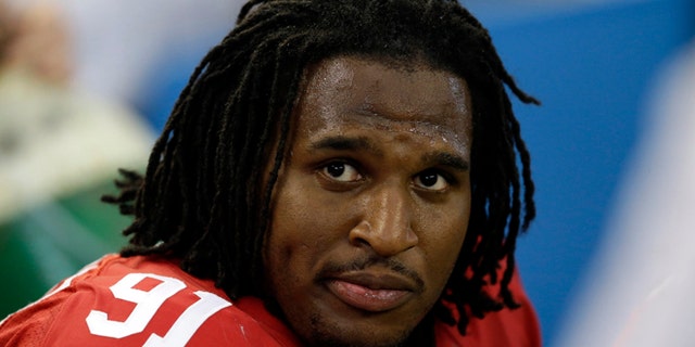 Sept. 7, 2014: San Francisco 49ers'; Ray McDonald sits on the bench during the second half of an NFL football game against the Dallas Cowboys in Arlington, Texas.