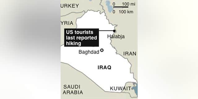 Map locates Halabja, Iraq, where US tourists last reported hiking.