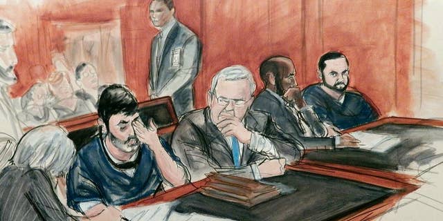 FILE - In this Dec. 17, 2015, courtroom file sketch, Efrain Antonio Campo Flores, seated second from left, has an emotional reaction as he is flanked by his attorneys while appearing with his cousin Franqui Francisco Flores De Freitas, far right, in Manhattan federal court at their arraignment on cocaine-smuggling charges in New York. On Friday, Nov. 18, 2016, the jury returned a guilty verdict against the two men, who are nephews of Venezuela's first lady. Their conviction came after less than a day of deliberations. (AP Photo/Elizabeth Williams, File)