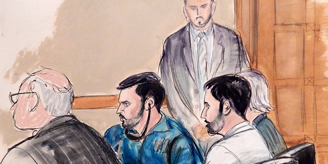 Courtroom sketch of Francisco Flores and Efrain Campos initial appearance in Manhattan federal court.