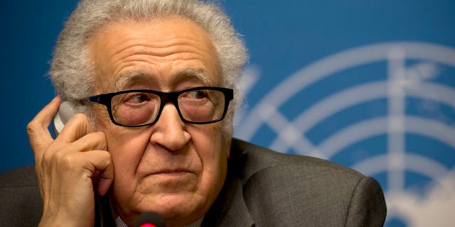 U.N. mediator Lakhdar Brahimi listens during a press briefing at the United Nations headquarters in Geneva, Switzerland, Friday, Jan. 24, 2014. After three days of escalating rhetoric _ and a day spent assiduously avoiding contact within the United Nations _ the two sides will meet “in the same room,” said the U.N. mediator trying to forge an end to the civil war _ or at least a measure of common ground to stem a civil war that has left 130,000 people dead. (AP Photo/Anja Niedringhaus)