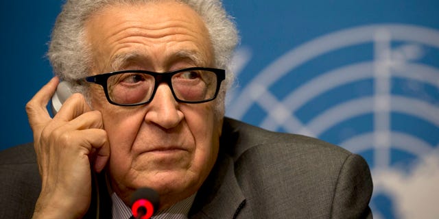 U.N. mediator Lakhdar Brahimi listens during a press briefing at the United Nations headquarters in Geneva, Switzerland, Friday, Jan. 24, 2014. After three days of escalating rhetoric _ and a day spent assiduously avoiding contact within the United Nations _ the two sides will meet “in the same room,” said the U.N. mediator trying to forge an end to the civil war _ or at least a measure of common ground to stem a civil war that has left 130,000 people dead. (AP Photo/Anja Niedringhaus)
