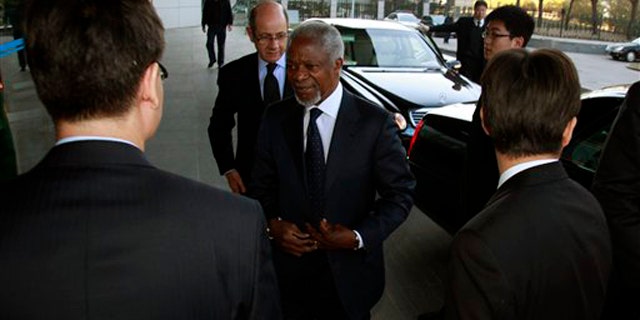 March 27, 2012: U.N.- Arab League envoy to Syria Kofi Annan arrives at the Chinese Ministry of Foreign Affairs for talks in Beijing, China.