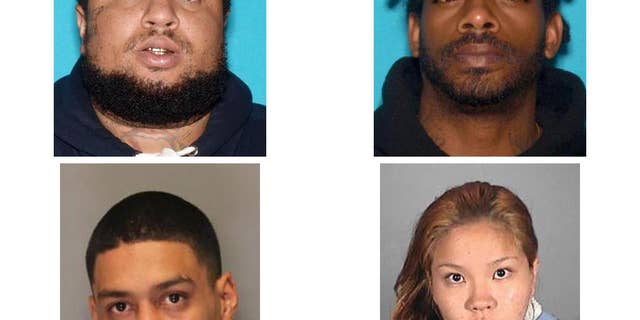 These undated mug photos released by the Vallejo Police Department shows suspects, top, left to right: Emmanuel Espinoza, Jalon Brown. Bottom, left to right: Larry Young, and Lovely Rauzol. On Friday July 1, 2016 the Vallejo Police Department received a report from John Babb, of San Francisco that his mother, Elvira Babb, of Vallejo was a victim of a kidnaping for ransom. Vallejo Police detectives developed sufficient information to obtain an arrest warrant for the primary suspect in this case. He has been identified as Emmanuel Espinoza of Stockton. Espinoza was located and arrested in the Sacramento area. Espinoza has not divulged the location of the victim. All four suspects were booked into the Solano County Jail on a charge of kidnapping for ransom. (Vallejo Police Department via AP)