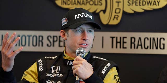 Ryan Briscoe, of Australia, answers a question about replacing James Hinchcliffe for the Indianapolis 500 auto race during a press conference at Indianapolis Motor Speedway in Indianapolis, Thursday, May 21, 2015. Hinchcliffe was injured in a crash on Monday. (AP Photo/Michael Conroy)