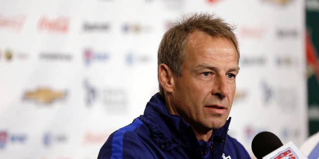 FILE - In this Nov. 12, 2015, file photo, U.S. men's soccer coach Jurgen Klinsmann takes part in a news conference in St. Louis. Klinsmann is proud of his half-decade in charge of the U.S. national team, and he believes he left successor Bruce Arena in a position to make the Americans even better.
Klinsmann made his first public remarks since his firing when he spoke Friday at a convention of the National Soccer Coaches Association of America in Los Angeles. (AP Photo/Jeff Roberson, file)