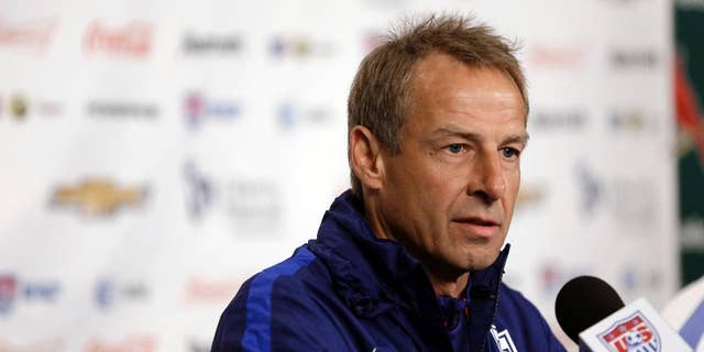 FILE - In this Nov. 12, 2015, file photo, U.S. men's soccer coach Jurgen Klinsmann takes part in a news conference in St. Louis. Klinsmann is proud of his half-decade in charge of the U.S. national team, and he believes he left successor Bruce Arena in a position to make the Americans even better.
Klinsmann made his first public remarks since his firing when he spoke Friday at a convention of the National Soccer Coaches Association of America in Los Angeles. (AP Photo/Jeff Roberson, file)
